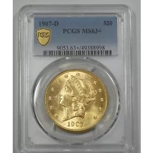 1907-D ゴールド リバティ ヘッド $20 ダブル イーグル認定 PCGS セキュア プラス MS 63+