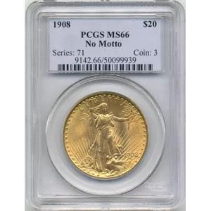 1908年 $20 US No Motto St. Gaudens ダブルイーグル金貨 - PCGS MS66