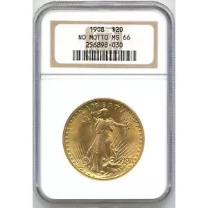 1908年 $20 US No Motto St. Gaudens ダブルイーグル金貨 - NGC MS66