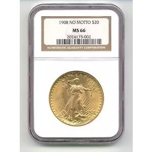 1908 年 $20 米国 モットーなし ダブル イーグル セント ゴーデンス 金貨 NGC MS66