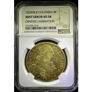 1820 NR JF フェルンド VII コロンビア ゴールド 8E NGC AU58 Obv ラミネート PCGS+NGC ポップ 10/8