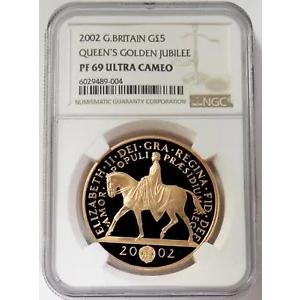 2002 ゴールド イギリス クイーンズ ゴールデン ジュビリー プルーフ 5 ポンド コイン NGC PF 69UC