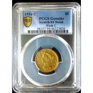 1854-C リバティ ヘッド ハーフ イーグル $5 ドル金貨 シャーロット ミント PCGS XF ウィーク C