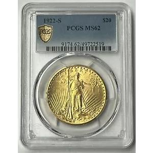 1922-S $20 セント ゴーデン ゴールド ダブル イーグル PCGS MS62 PQ 新品ホルダー PQ