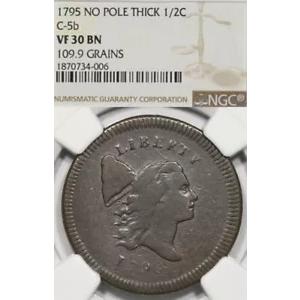 1795 1/2C NGC VF30 C-5b ポール無し プレーンエッジ 厚手 リバティキャップ ハーフセント