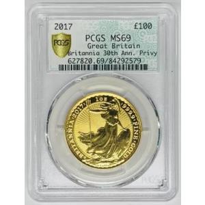2017 英国ゴールド ブリタニア 30 周年記念。 Privy-1OZ 金貨、PCGS MS 69