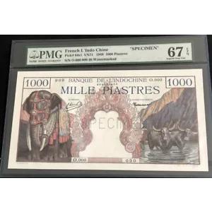 ND-1948-$1000 PIASTRES-ピック 84s-SPECIMEN-PMG67 EPQ-フランス インドシナ バンク-GEM N