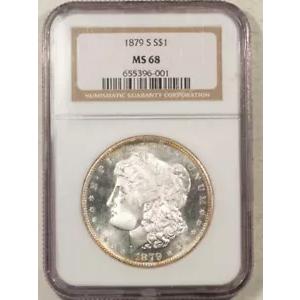 1879-S $1 モーガン ドル - NGC MS-68、輝くような白い光沢と原始的なサンプル!