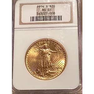 1914-S $20 ゴールド サンゴーデン ダブル イーグル - NGC MS65 Choice GEM PQ