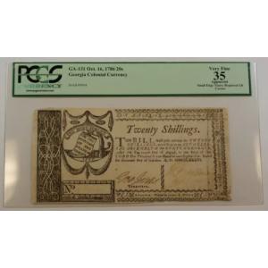 1786 年 10 月 16 日 20 シリング ジョージア植民地通貨 PCGS VF-35 見かけの GA-131
