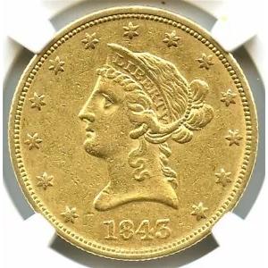 1843年 $10ゴールドイーグル、NGC AU-55、とても魅力的で素敵で派手な金貨です！