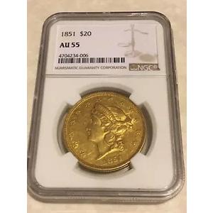 1851 AU55 NGC リバティ ダブル イーグル タイプ 1 $20 ゴールド コイン 大きな魅力 (PCGS なし)