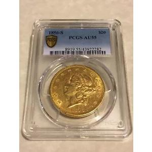 1856-S $20 PCGS AU55 リバティ ダブル イーグル ゴールド コイン PQ 魅力的 光沢あり