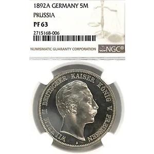 ドイツ国家プロイセン 1892A 5 マーク コイン ターラー ターラー NGC PF 63 プルーフ PP レア UNC