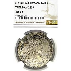 ドイツ国家 TRIER 1794 ターラー コイン Thaler NGC MS 62 VZ/F.STG レア UNC ザクセン