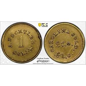 (1842-50) ゴールド ダラー $1 A. ベヒトラー「27.G. 21.C.」プレーンエッジ PCGS AU 詳細