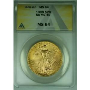 1908 年 モットーなし サン ゴーデンス 20 ドル ダブル イーグル 金貨 ANACS MS-64 (B)
