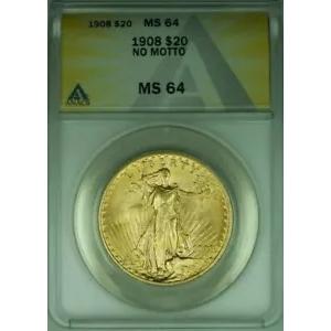 1908 年 モットーなし サン ゴーデンス 20 ドル ダブル イーグル 金貨 ANACS MS-64 (A)