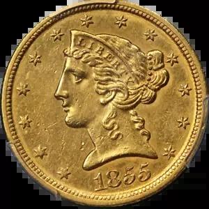 1855-C リバティ ゴールド $5 PCGS AU 詳細 キー日付 素晴らしい光沢 強いストライク