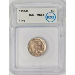 1937-D バッファロー ニッケル 5c 3 レッグ MS63 ICG 946718-4