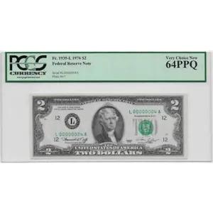 レア ロー ファンシー シングル 1 桁シリアル 1976 $2 #L00000004A PCGS VCHCU 64 PPQ