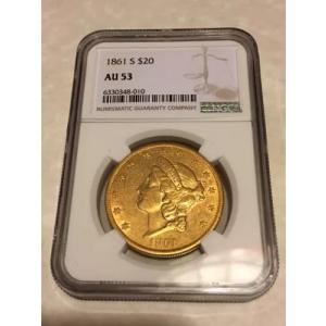 1861-S AU53 NGC ダブル イーグル 20 ドル リバティ金貨 非常に魅力的 (PCGS なし)