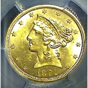 1891 CC ゴールド ハーフ イーグル - PCGS MS62! - 素敵なCCタイプのコイン！