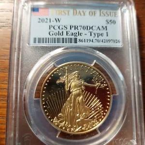 2021-W (タイプ 1) $50 1 オンス ゴールド イーグル プルーフ - フラッグ & FDOI ラベル - PCGS PR70 DCAM