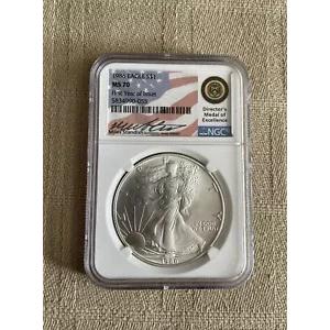 1986 アメリカン シルバー イーグル NGC MS 70 M. スタンディッシュ エクセレンス メダルの直筆サイン入り