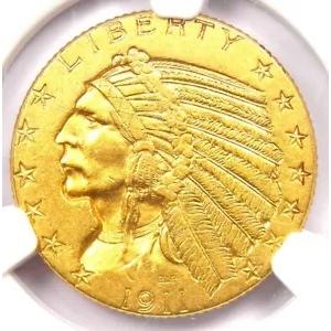 1911-D インディアン ゴールド ハーフ イーグル 5 ドル金貨 - 認定 NGC AU58 - 5,700 ドル相当