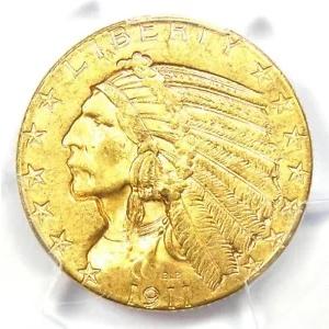 1911 インディアン ゴールド ハーフ イーグル $5 コイン - PCGS MS64+ プラス グレード - $5,500 相当