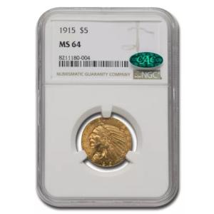 1915 $5 インディアン ゴールド ハーフ イーグル MS-64 NGC CAC