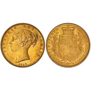 イギリス 1847 AV ソブリン。 PCGS MS63+ ダイ番号なし。 S-3852;神父-387e。