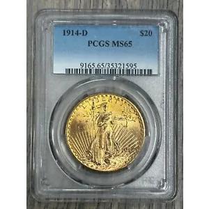 1914-D $20 ST. GAUDENS ダブル イーグル PCGS MS-65、より良い日付、低鋳造コイン