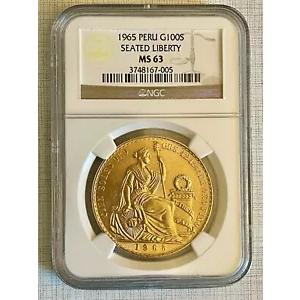 ペルー 1965 シーテッド リバティ 100 ソール ゴールド NGC MS63 SKU# 3031