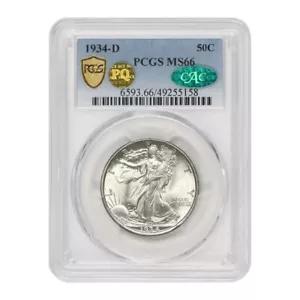 1934-D 50c US シルバー ウォーキング リバティ ハーフダラー PCGS MS66 CAC PQ 承認