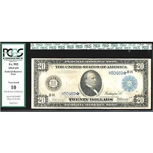1914 $20 STAR FRN-FR#992*-8 既知-Rare-ST。ルイポップ 1/8-PCGS 10