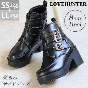 ブーツ レディース 厚底 ショート ロック パンク サイドジップ 8cmヒール ベルト 黒 合皮 No.1639 22-24.5cm ラブハンター｜libertydoll