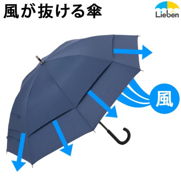 傘 メンズ 強風対応 丈夫 雨傘 65cm×8本骨 紺 LIEBEN-0122