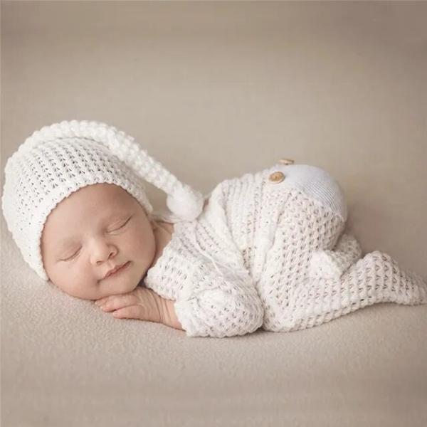 白い赤ちゃんの帽子のセット,新生児の写真アクセサリー,ウールのボディスーツ,ロングテールキャップ,子...