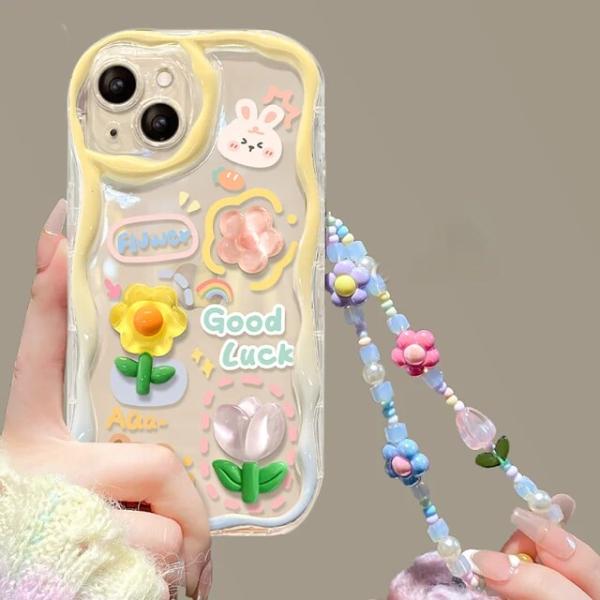 IPhone用ストラップ付きソフトケース,かわいいカバー,ウサギ,花,韓国語,3D,ラグジュアリー,...