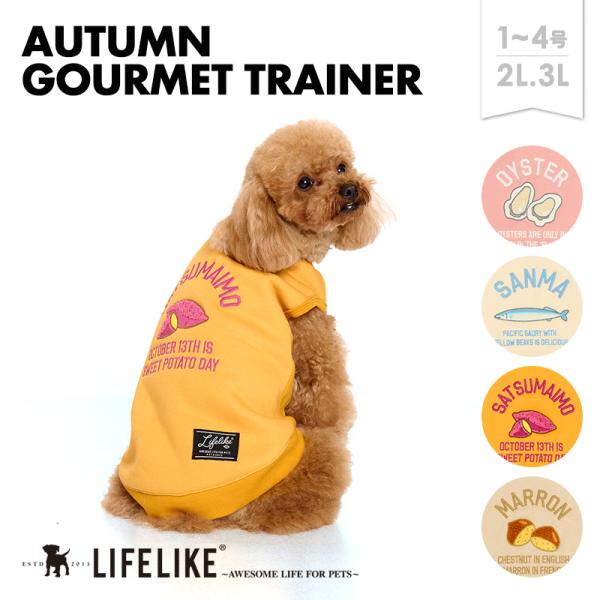オータムグルメトレーナー1-4号2L-3L 犬服 犬 服 食べ物 グルメ柄 さんま カキ さつまいも...