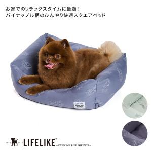 サマーステッチプリントベッド スクエア ベッド 犬 猫 ペット用 パイン パイナップル ふかふか インテリア 春 夏 小型犬 パピー｜犬の服 LIFELIKE