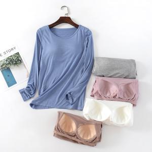 レディース 長袖tシャツ インナー カップ付き ブラトップ カジュアル おしゃれ  カットソー ベーシック シンプル 無地 クルーネック Uネック