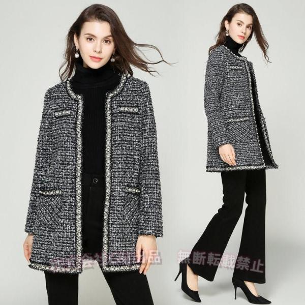 ノーカラージャケットツイードロングジャケット結婚式ブラック入学式七五三卒業式大きいサイズ有り　 C&amp;...