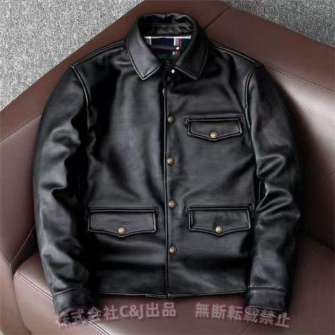 茶芯ホースハイド 復刻50&apos;s ドライビングコート レザージャケット ブラック カーコート ブレーキ...