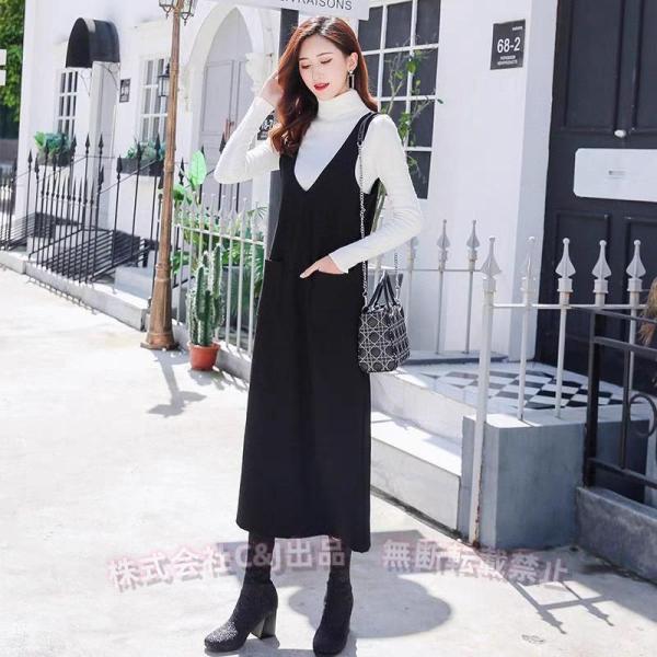 V襟ジャンバースカート　ウール　ブラック　暖か　防寒　ひざ丈　ジャンパースカート　C&amp;J 大きいサイ...