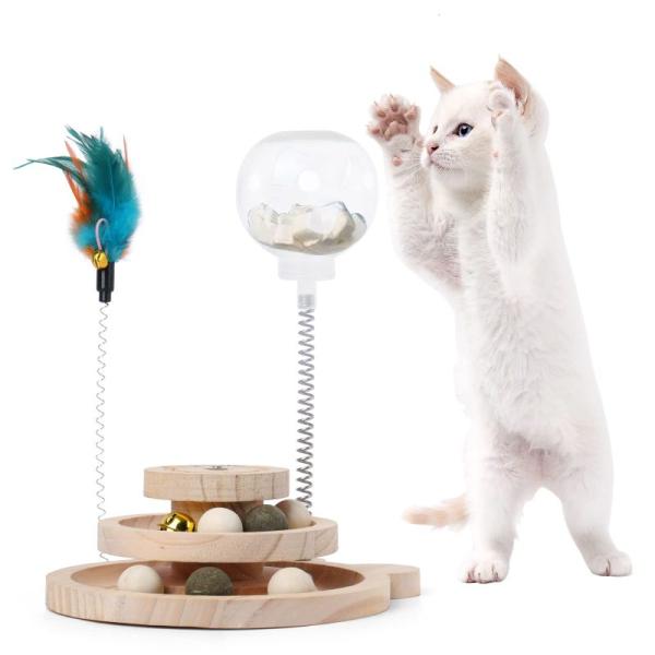 TUAHOUS猫 おもちゃ給餌器回転ボール2層回転タワー ボール回転盤猫じゃらし 天然 羽 ペット用...