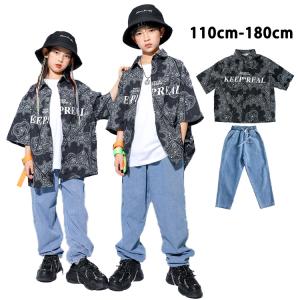 黒 柄シャツ ペイズリー柄 キッズ ダンス 衣装 ヒップホップ キッズ HIPHOP 半袖 シャツ デニム ダンスパンツ キッズダンス衣装 ダボダボ 練習着 ゆったり 男の｜lifeutility