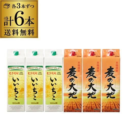 送料無料 麦焼酎飲み比べ 6本セット 麦の大地3本 いいちこ3本 パック 1.8L 1800ml 2...